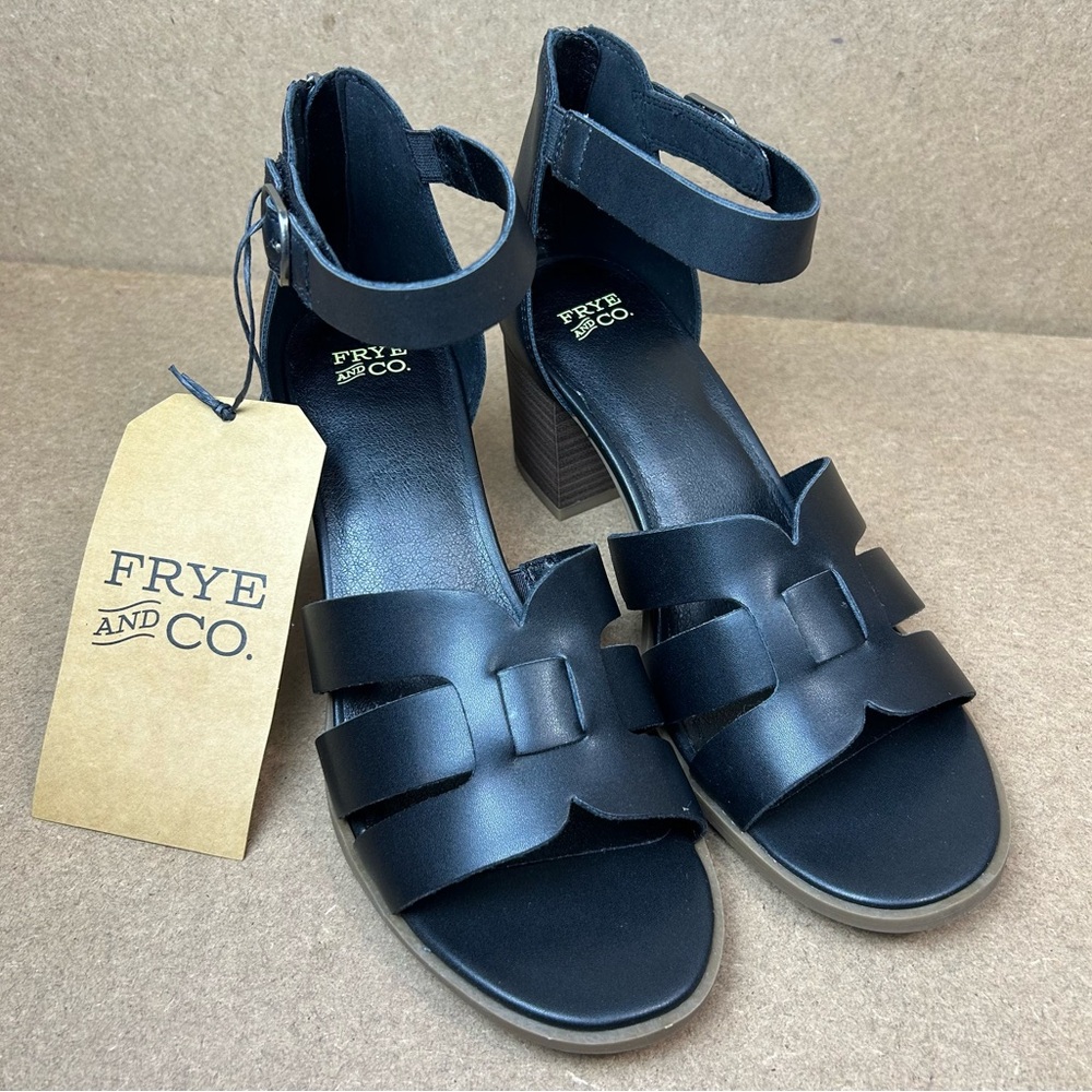 New Frye & Co Hollins Black Heeled Sandals Womens Open Toe Ankle Strap